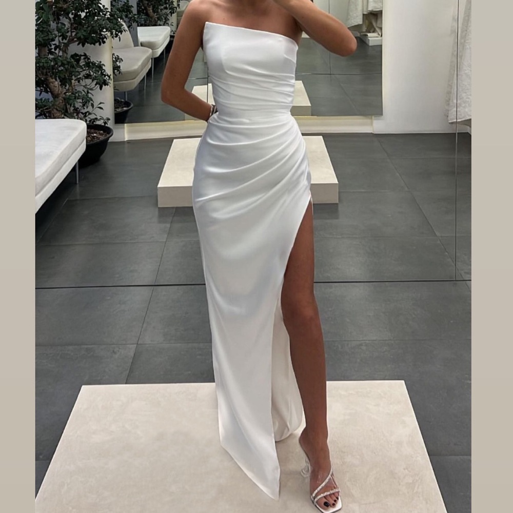 Bridal prom satin white maxi dress slit ruched draped satin dress Lia Stublla